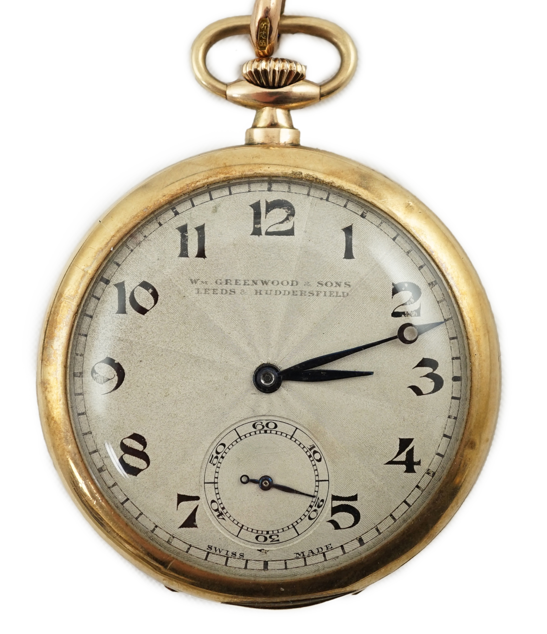 A George V 9ct gold open face dress pocket watch, retailed by William Greenwood & Sons, together with a 9ct gold albert